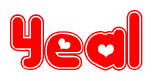 The image is a red and white graphic with the word Yeal written in a decorative script. Each letter in  is contained within its own outlined bubble-like shape. Inside each letter, there is a white heart symbol.