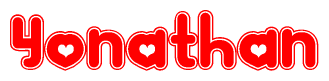 The image is a red and white graphic with the word Yonathan written in a decorative script. Each letter in  is contained within its own outlined bubble-like shape. Inside each letter, there is a white heart symbol.