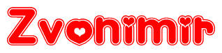 The image is a clipart featuring the word Zvonimir written in a stylized font with a heart shape replacing inserted into the center of each letter. The color scheme of the text and hearts is red with a light outline.