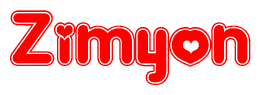 The image is a clipart featuring the word Zimyon written in a stylized font with a heart shape replacing inserted into the center of each letter. The color scheme of the text and hearts is red with a light outline.
