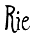 The image is a stylized text or script that reads 'Rie' in a cursive or calligraphic font.