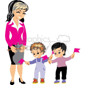 clipart - A Teacher Playing with Two Small Children.
