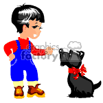 The clipart image features a cartoon of a young child with grey hair, wearing blue overalls, a white shirt, and yellow shoes, pointing a finger. Opposite the child is a black dog with a red bow around its neck, sitting and appearing to look up at the child.