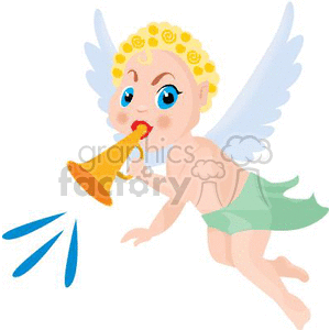 An Angel Wearing a Green Sash Blowing on a Horn clipart.