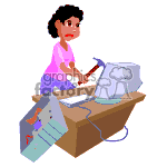 Women destroying her computer with a hammer. clipart.