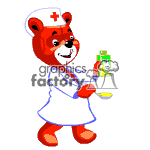 Teddy bear doctor holding medicine.