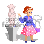 The clipart image features a cartoon young woman with red hair, wearing a blue jacket, a pink polka dot skirt, and blue shoes, standing next to a classical column pedestal with a pink vase or sculpture on top. She appears to be presenting or gesturing towards the object.