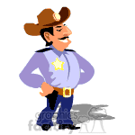 The clipart image shows a cartoon of a sheriff. The character features include a brown cowboy hat with a badge, a large mustache, a blue shirt with a sheriff's badge, a belt with a buckle, and a holstered gun. The sheriff is standing confidently with his hands on his hips.