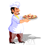 clipart - Animated chef serving a hot pizza.