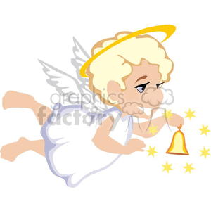Flying Child Angel Ringing a Bell Surrounded by Stars clipart.