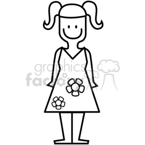 Black and White Young Girl with a Flower Dress on and Piggy Tails clipart.