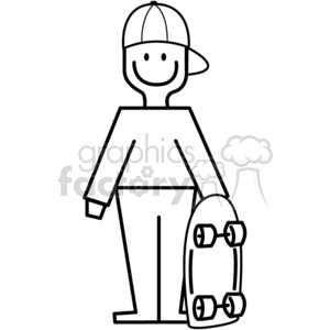 clipart - Black and White Young Boy Holding His Skateboard Happy.