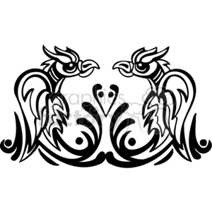 Black and white art of two tribal pheonix birds seated face to face clipart. Commercial use image # 373112