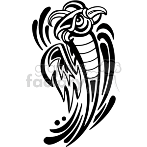 Black and white tribal art of rising phoenix, right-facing clipart.