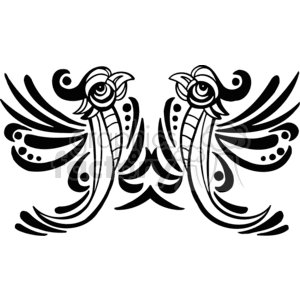Black and white tribal art of two birds, mirror image clipart.