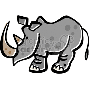 This image is a cartoon drawing of a rhinoceros  The rhinoceros has two big horns on its head. 