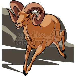 The image depicts a ram with curved horns. It is a brownish color, with darker horns. The ram is running with its rear legs in the air, mid-leap