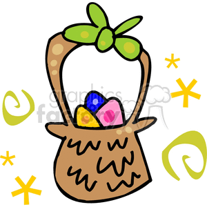 Handled Easter Basket with Colorful Eggs and a green Bow clipart. Commercial use image # 144348