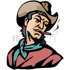 clipart - A Cowboy Wearing a Brown Leather Hat Blue Bandana and a Red Shirt Smoking.