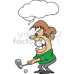 The clipart image shows a comical character or little man playing golf, with a empty thought bubble above his head. The image is in vector format and depicts the man with a happy smile and visible teeth. The overall theme of the image conveys a sense of fun and humor, with the character enjoying spring or summer activities and daydreaming while playing golf.
