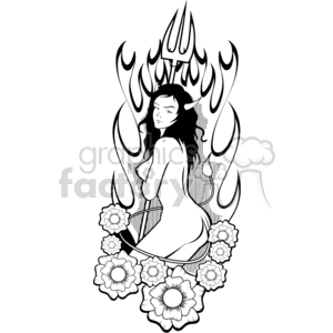 vinyl+ready vector black+white design tattoos flower flowers plant plants lady women pin+up pinup girl fire evil devil flame flames naked hell