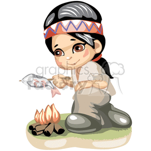 clipart - Cute native american boy cooking a fish over a fire.
