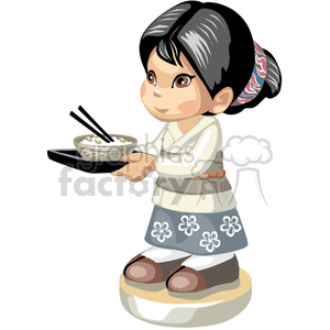 Asian girl holding a bowl of rice clipart.