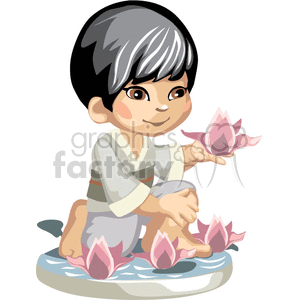 Asian little boy  holding pink orchids
