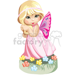 A Little Blonde Girl Wearing a Pink Dress with Butterfly wings on her Back clipart.
