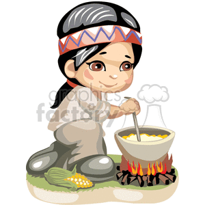 clipart - Llittle native american boy cooking over a  fire.