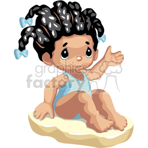 Little girl with braids at the beach in a blue bathing suit clipart.