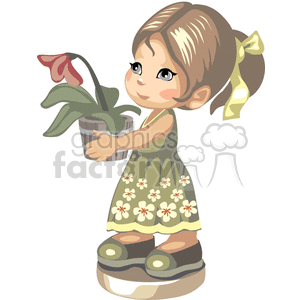 Little girl in a tan flowered dress holding a potted lily clipart.