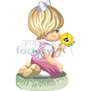 clipart - A little Girl in a Pink Dress Kneeling and Smelling a Yellow Flower.