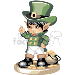 Small child wearing a green hat and green coat standing next to a pot of gold  clipart.