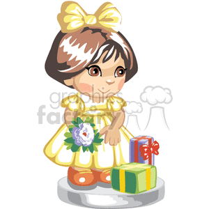 Cute little girl dressed in yellow holding flowers and presents clipart. Royalty-free image # 376333