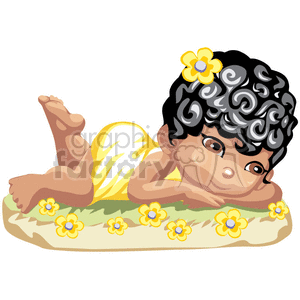 A Little Black Haired Girl Laying Down Looking at Yellow Flowers clipart. Commercial use image # 376338