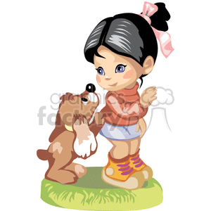 black haired little girl with a brown puppy clipart. Commercial use image # 376343