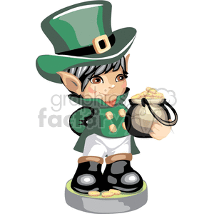 Cute Leprechaun holding a pot of gold coins clipart.
