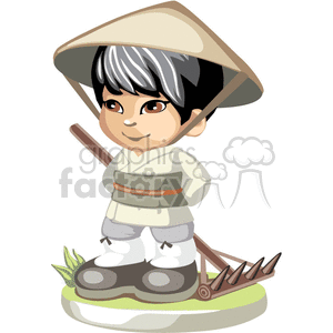 An asian boy holding a rake behind his back