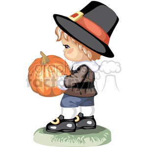 Small Pilgrim child holding a pumpkin clipart. Commercial use image # 376388