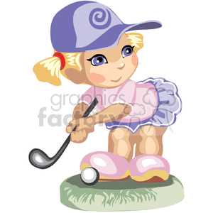Little girl wearing a blue hat playing golf clipart.