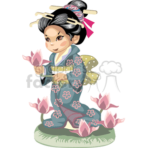 Asian girl in a blue kimono with pink flowers walking through the orchids clipart. Commercial use image # 376408