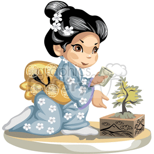 clipart - Asian little girl in a  blue kimono watering a bonsai tree.