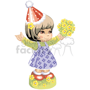 A Happy Little Girl with a Red Polka Dot hat Holding a Bouquet of Yellow Flowers with her arms out clipart. Commercial use image # 376448