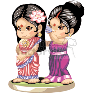 Two indian girls in sarongs one is combing the other ones hair clipart.