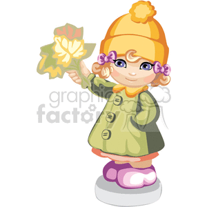 A Little Girl with a Yellow Fall Hat Holding Some Autumn Leaves clipart.