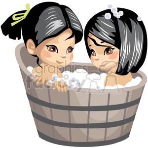 Two little girls taking a bubble bath in a barrel
