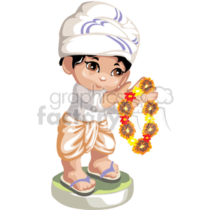 clipart - An indian boy holding a necklace of flowers.