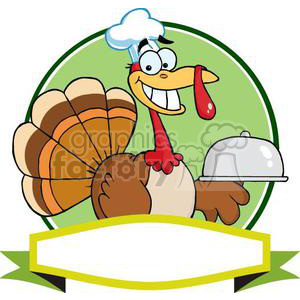 3513 Turkey Chef Serving A Platter Over A Circle And Blank Green