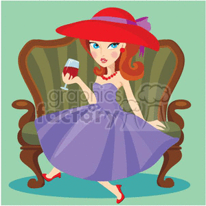 cartoon vector girl girls women cute pretty lady red hat hats society drinking party wine couch bachelorettes